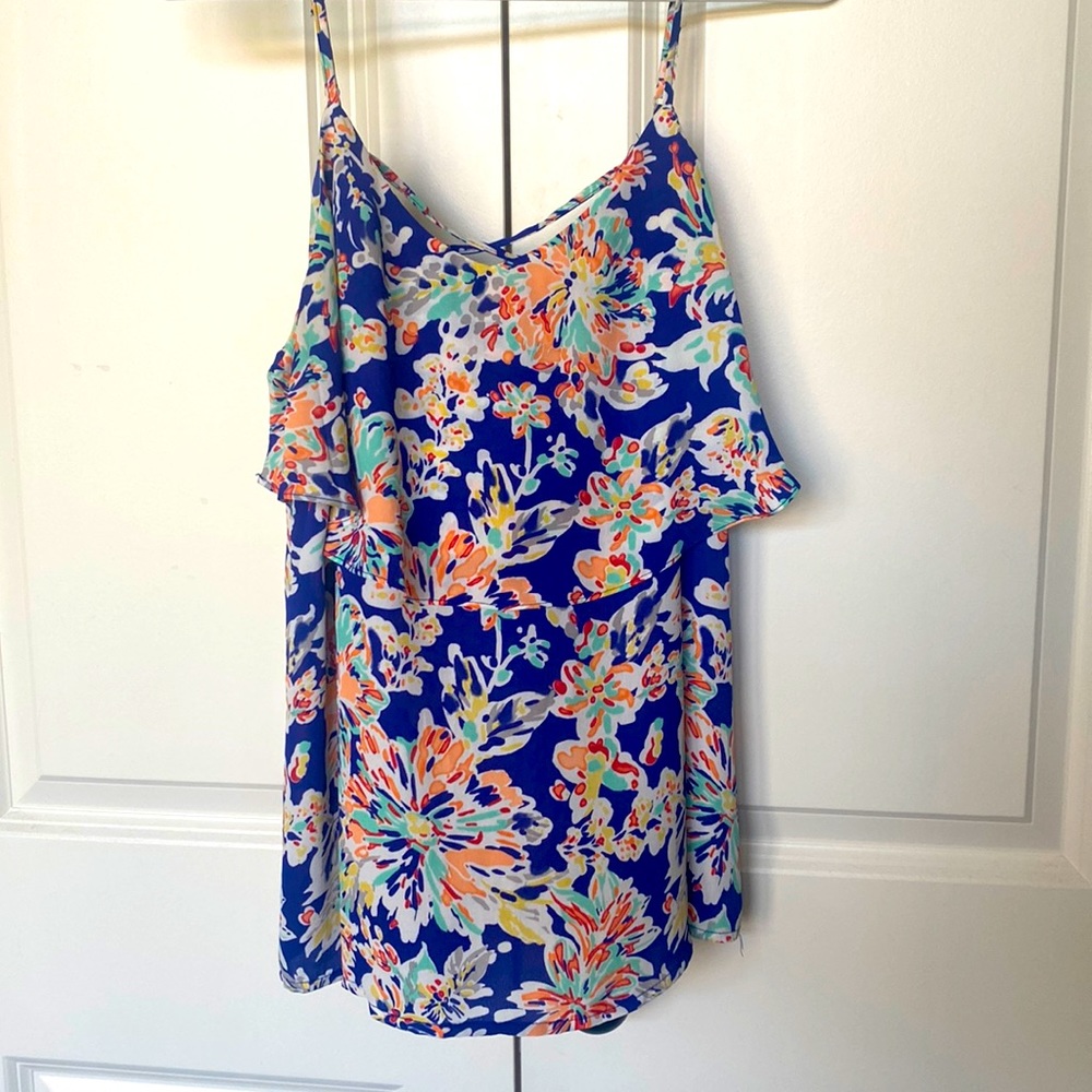 Floral multicolored tank - M - spaghetti strap - blue with green/red details